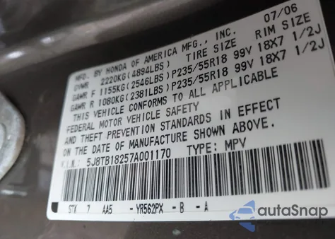 2007 Acura Rdx from USA, damaged, VIN 5J8TB18257A001170